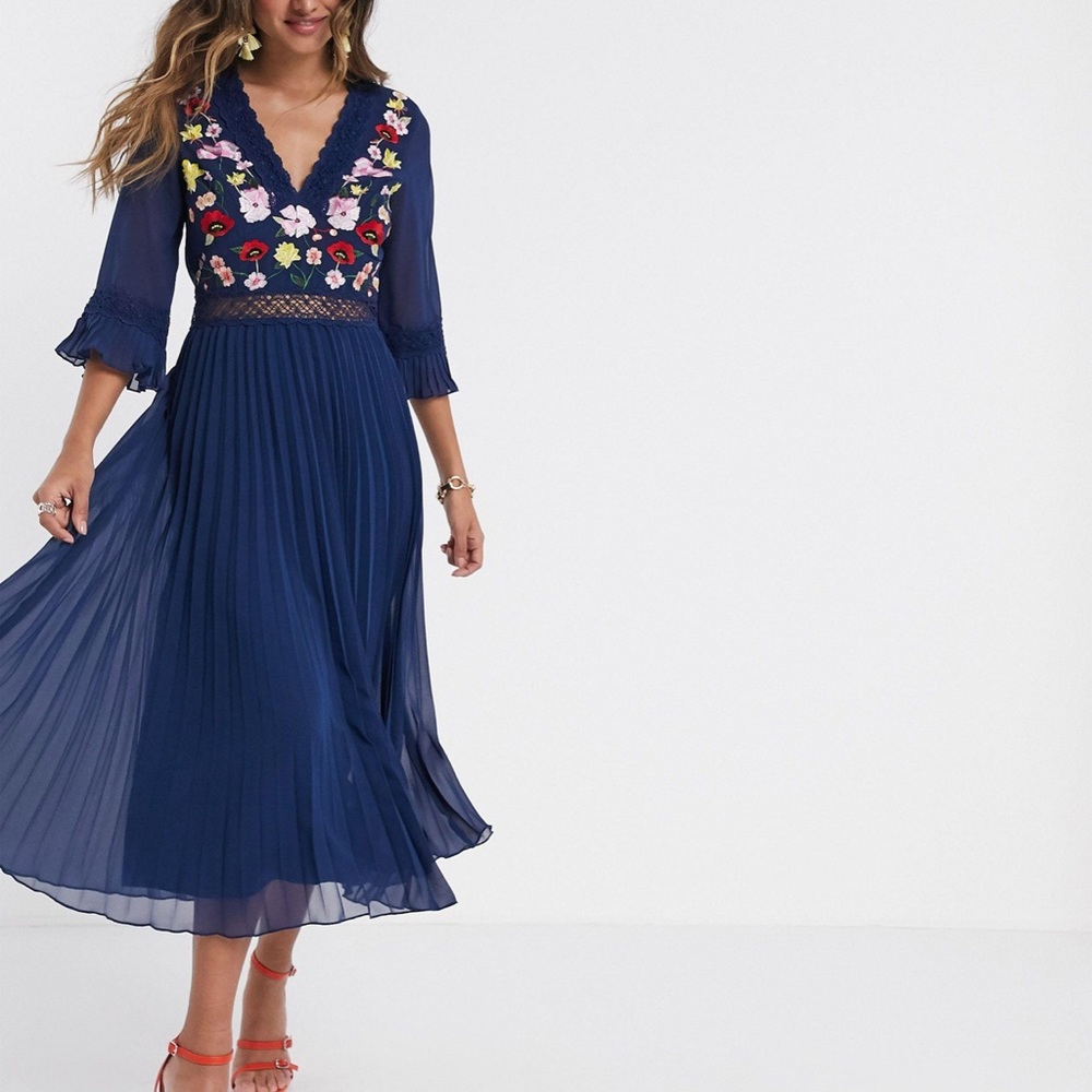 ASOS DESIGN  Women's Blue Lace Insert Pleated Midi Dress With Embroidery